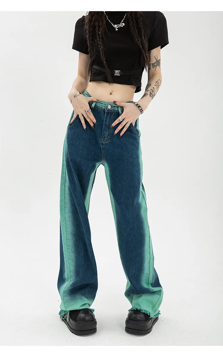 High Waist Straight Baggy Women's Jeans: Chic Design Streetwear Gradient Color Y2K Denim Wide Leg Trouser - true deals club