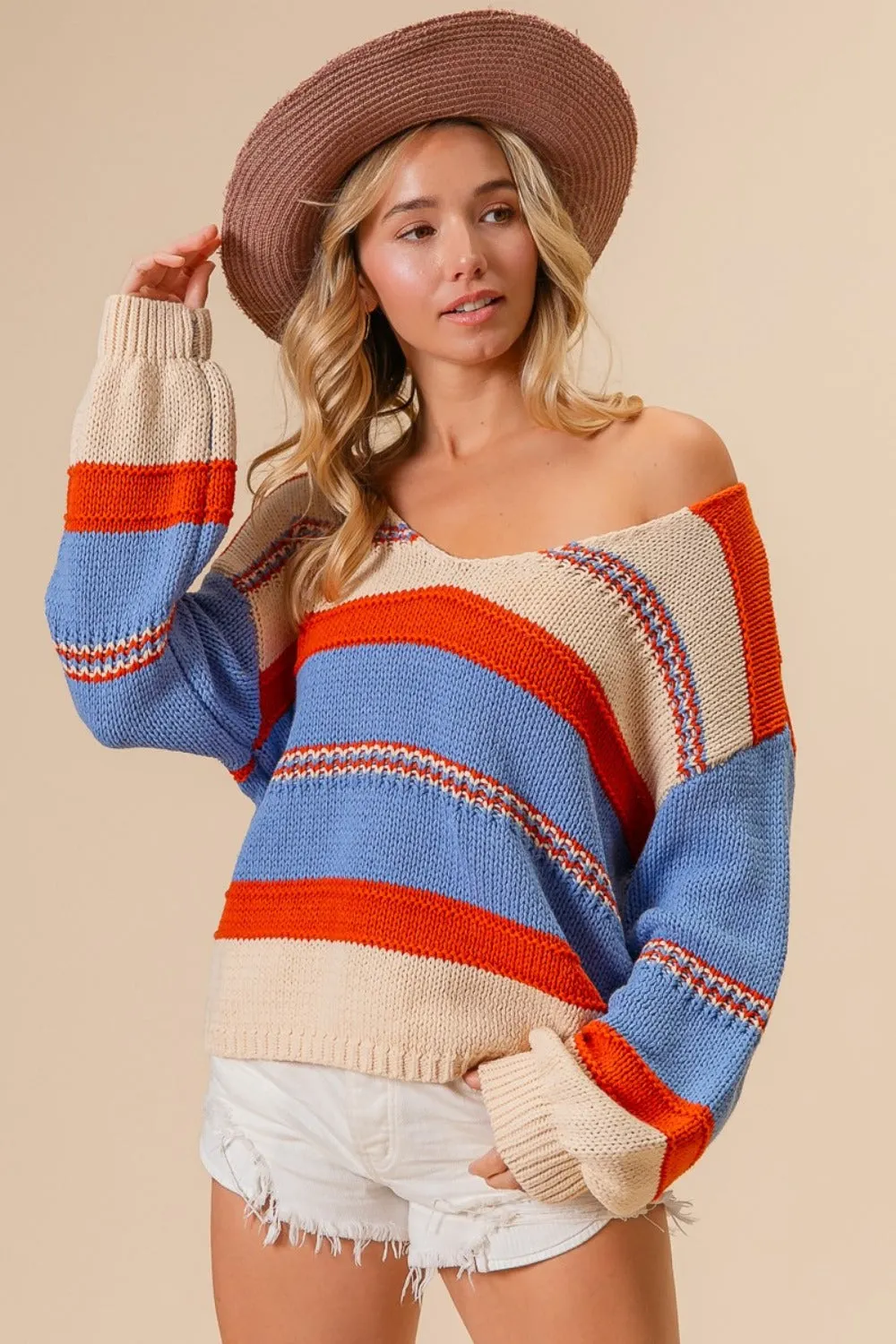 Maxct &BiBi Multi Color Stripe Scoop Neck Sweater