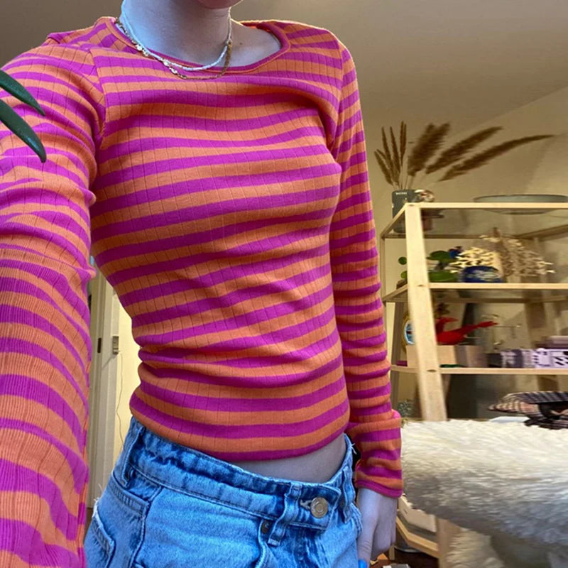 Maxct Vintage Preppy Style Y2K Crop Tops Clothes Cottage Striped Rib Knitted T-shirt Women Long Sleeve Casual Basic Tees Pullovers