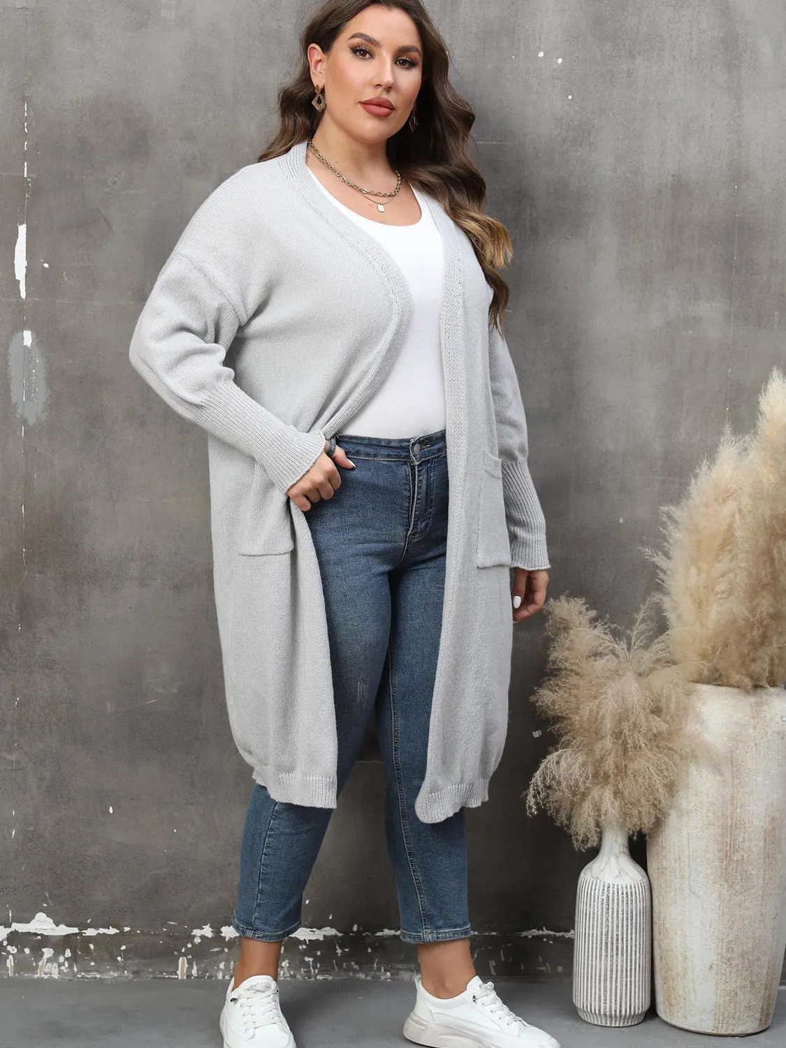 Maxct &Plus Size Long Sleeve Pocketed Cardigan