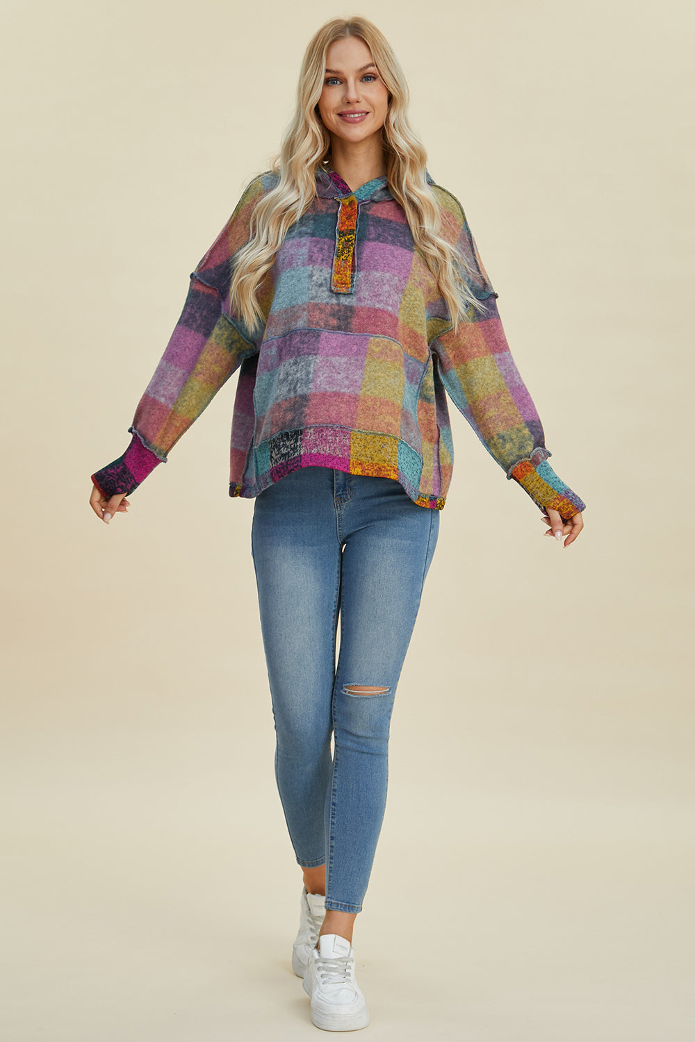 Maxct &Double Take Full Size Plaid Dropped Shoulder Fleece Hoodie