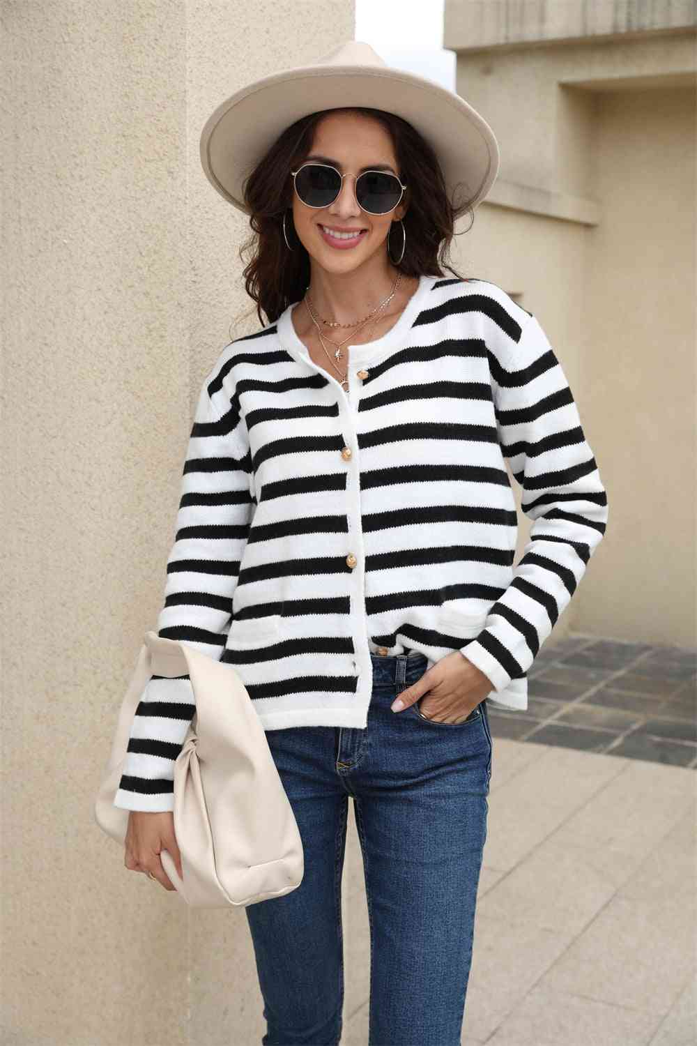 Maxct &Striped Round Neck Button-Down Dropped Shoulder Cardigan
