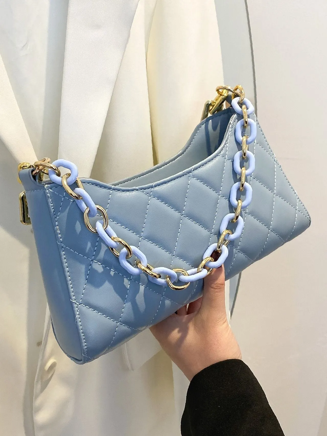 Bag For Love - Minimalist Quilted Chain Baguette Bag  - Women Maxct Bags