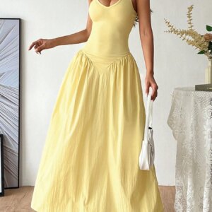 Yellow Slim Sleeveless Casual Everyday U-Neck Halterneck Dress