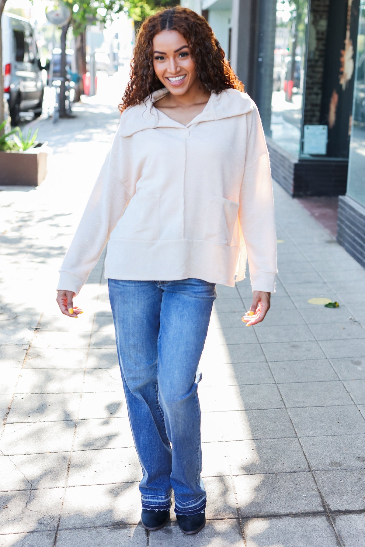 Maxct &Easy Living Oatmeal Textured Knit Notch Neck Oversized Collar Sweater