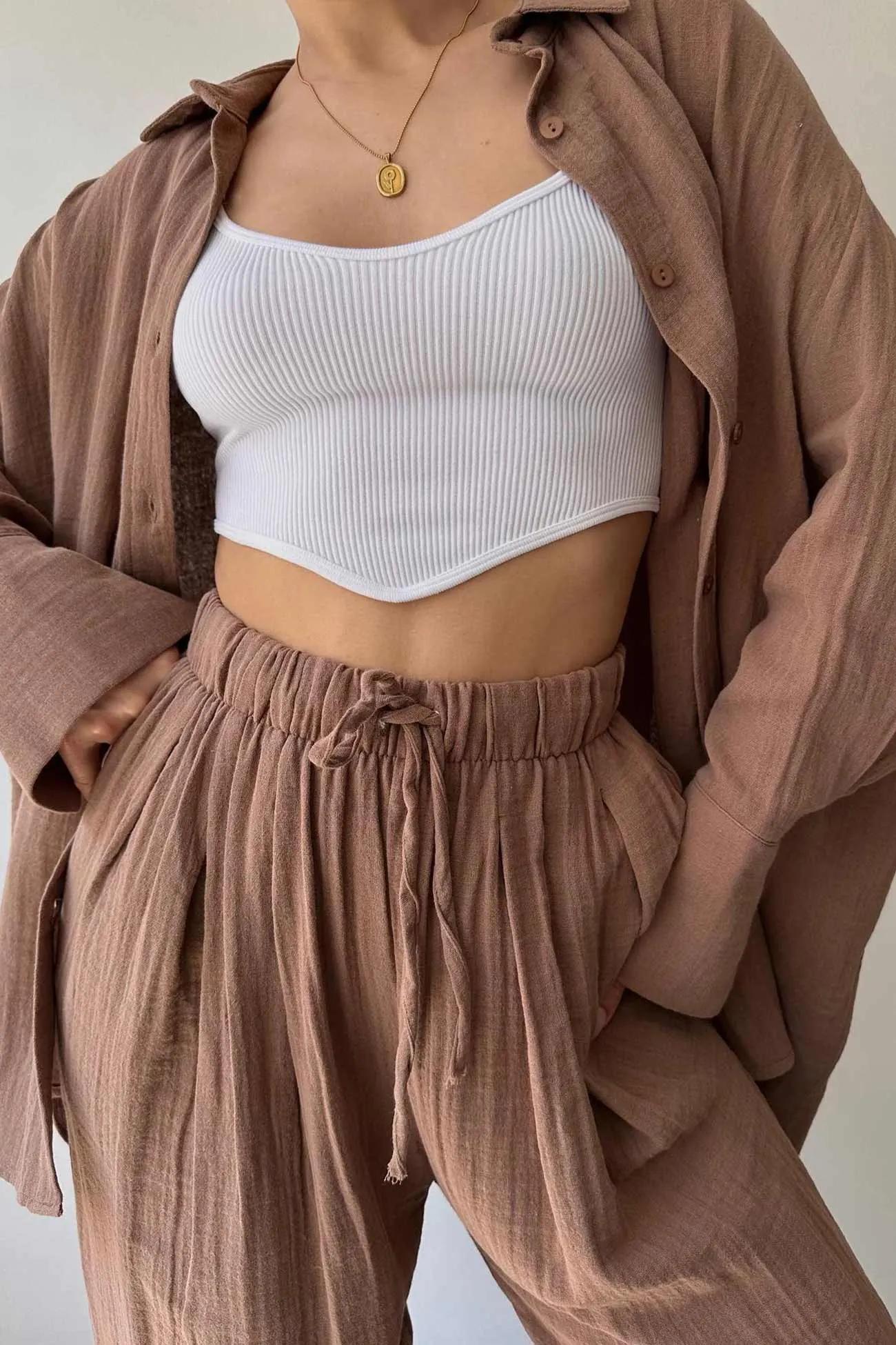 Maxct Lapel Long Sleeve Shirt Strappy Long Pants Suits