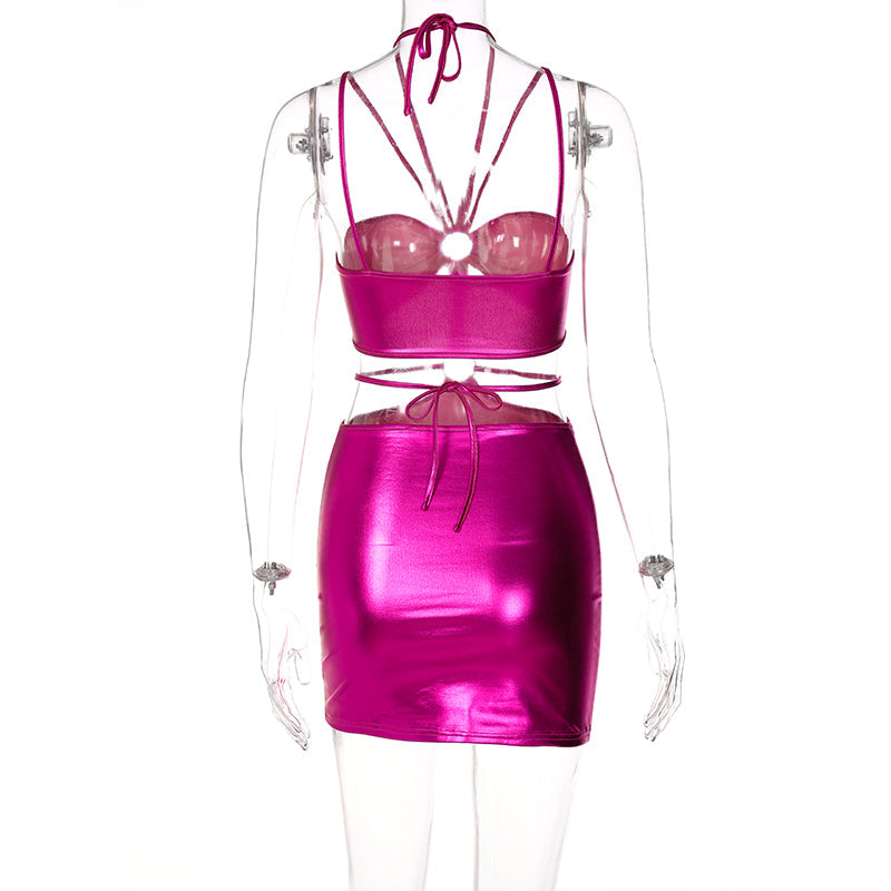 Voguable  Solid Sleeveless Bodycon Halter Hollow Out Mini Dress  Streetwear Outfits Y2K Maxct