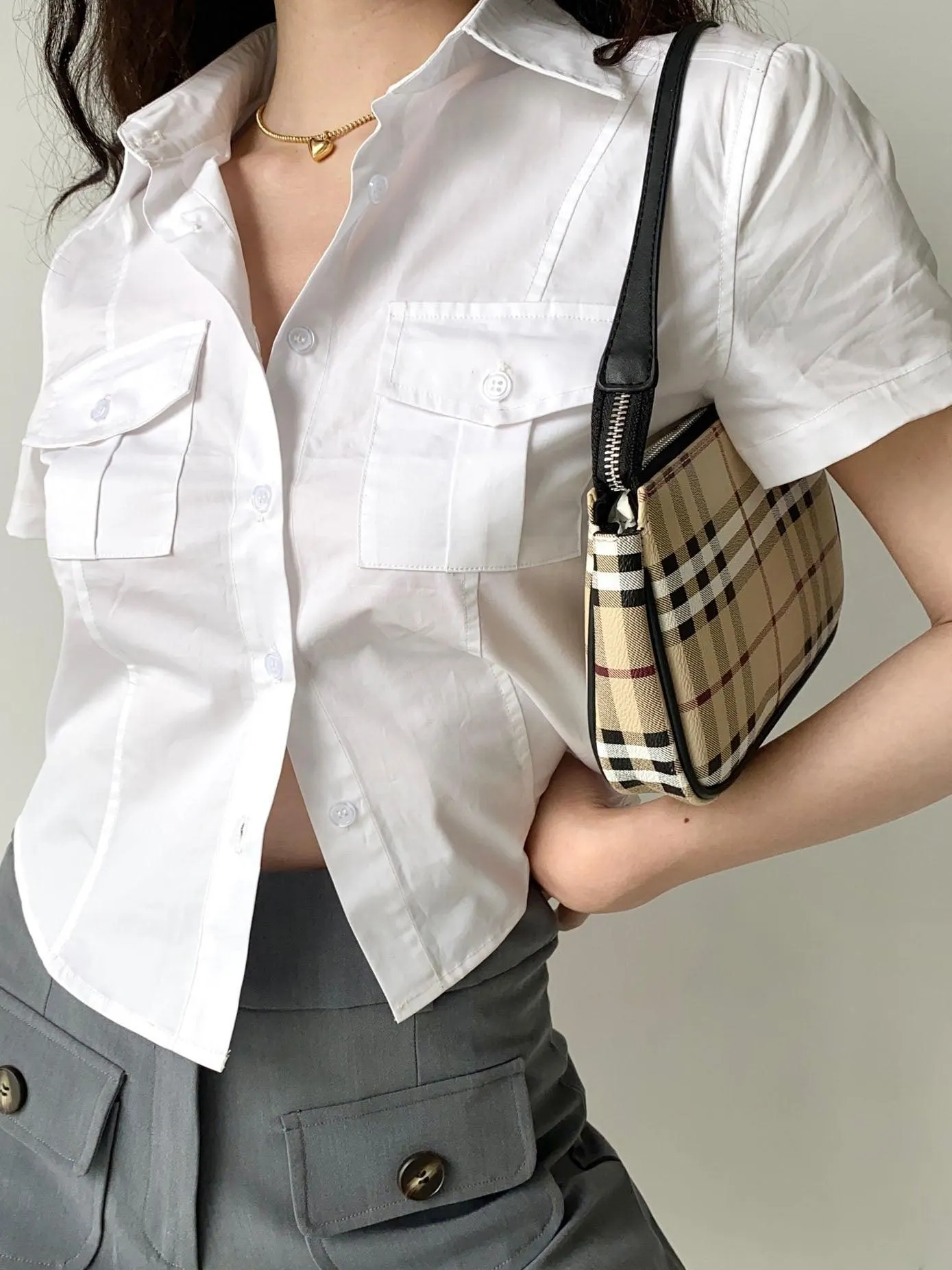 Maxct Vintage Preppy Double Pocket Lapel Short Sleeves Shirt