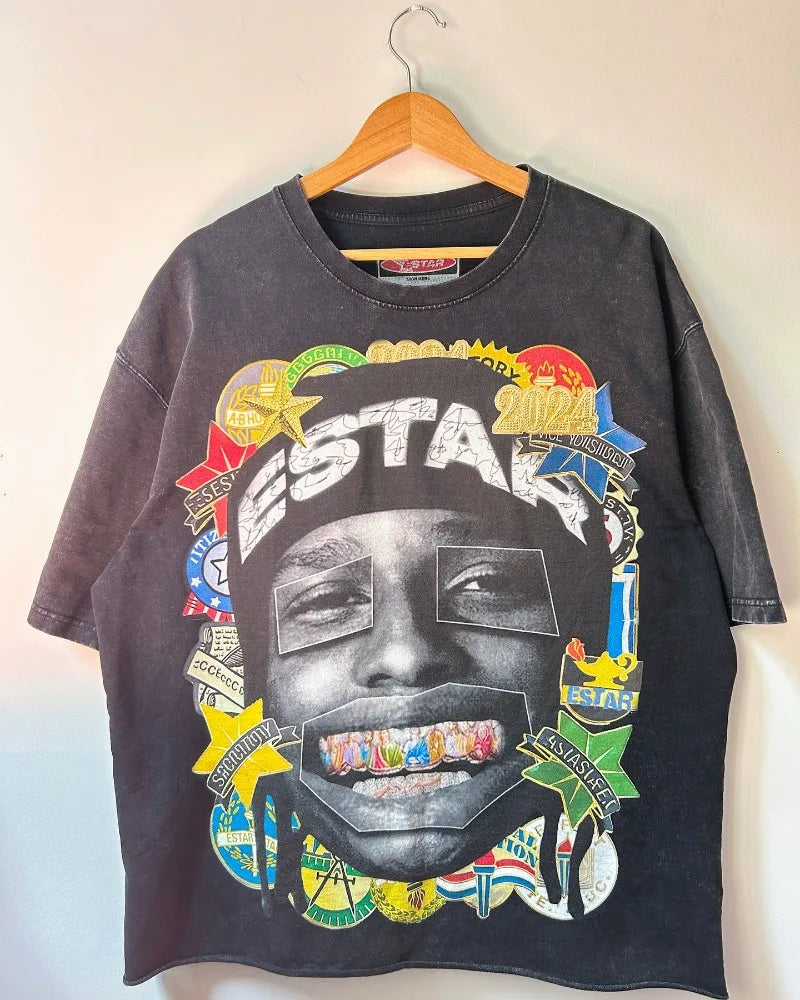 Maxct American style Gothic portrait print oversized T-shirt men's Y2K street hip-hop Harajuku loose and versatile short sleeved top