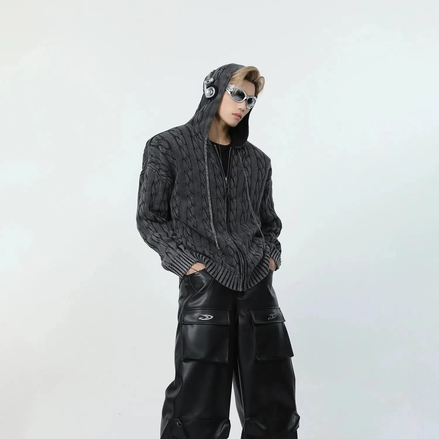 Maxct Cable Knit Hooded Cardigan Sweater