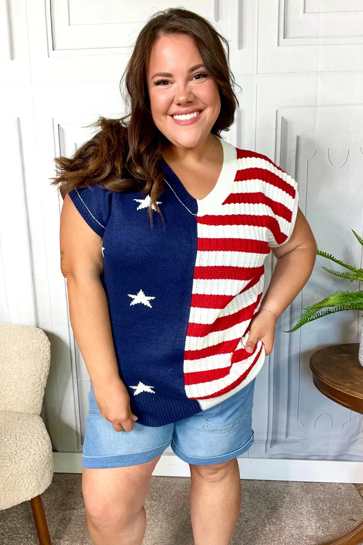 Maxct &Stars & Stripes Americana V Neck Dolman Sweater Top