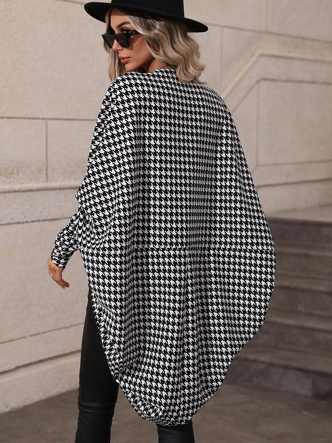 Maxct &Houndstooth Open Front Batwing Sleeve Cardigan