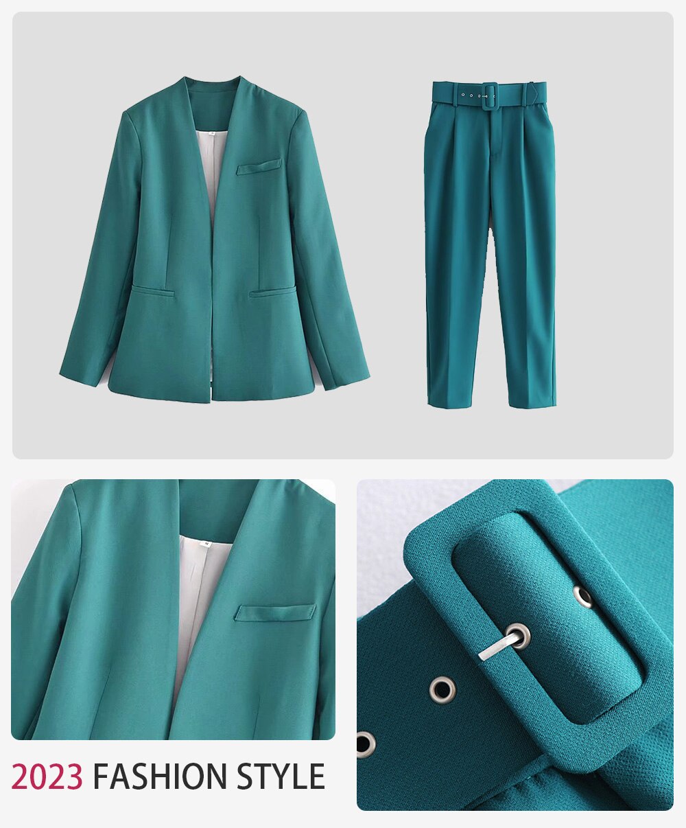 2024 Women Fashion Two Pieces Sets Office Wear Blazers Coat And With Belt High Waist Pants Female