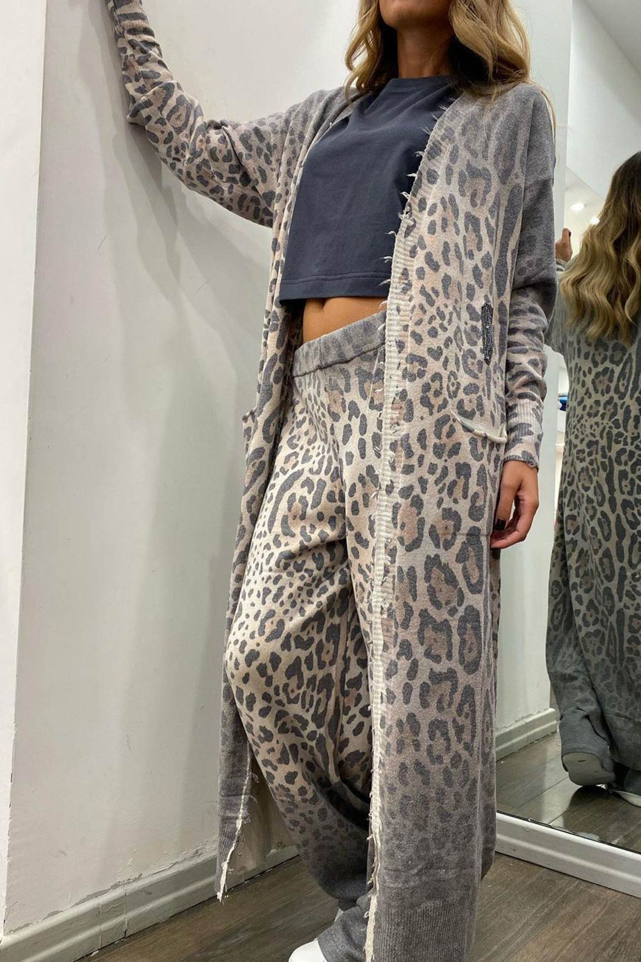 Maxct Leopard Print Long Cardigan Two-piece Pants Suits