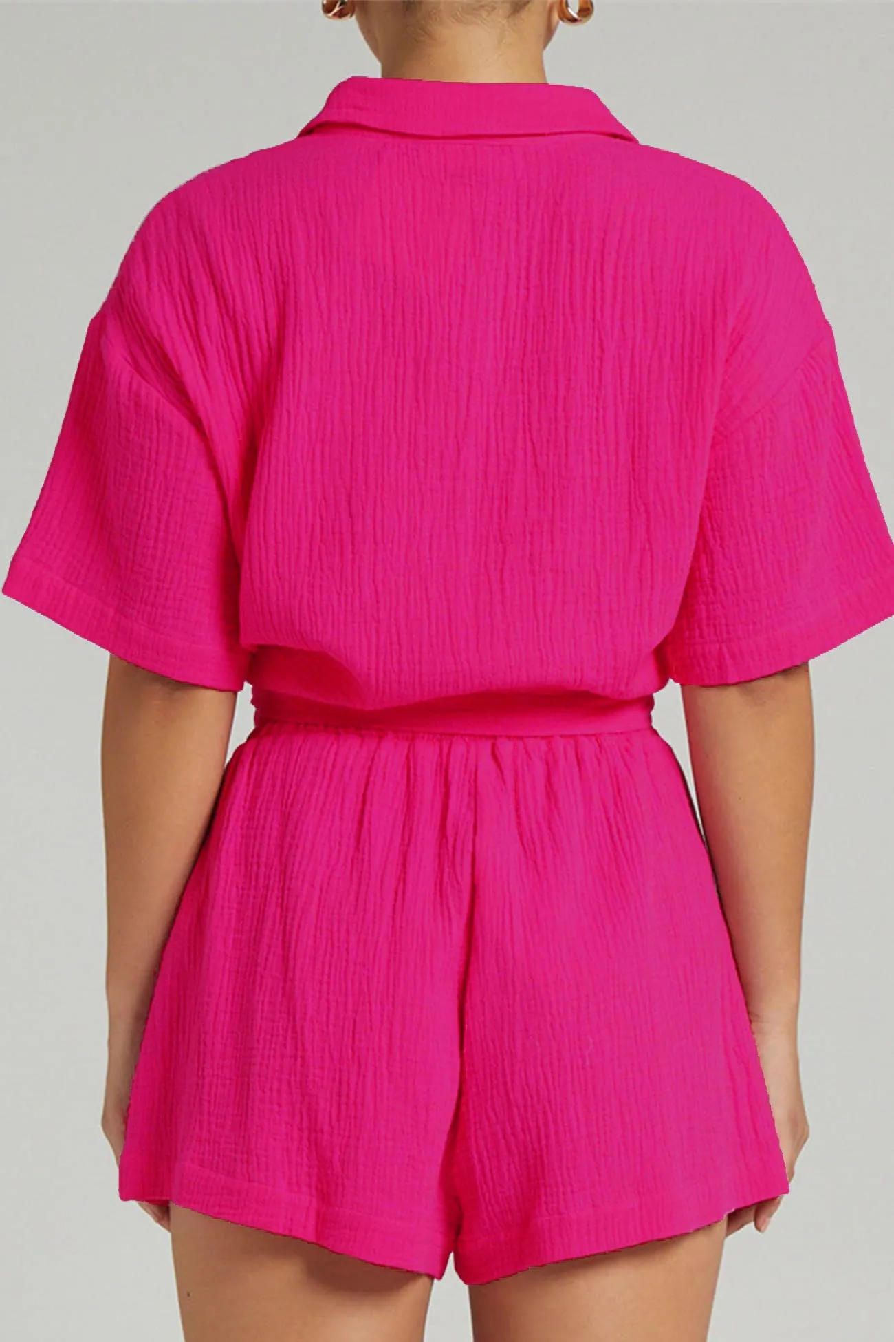 Maxct Solid Color Short Sleeve Shirt Cotton Two-piece Shorts Set