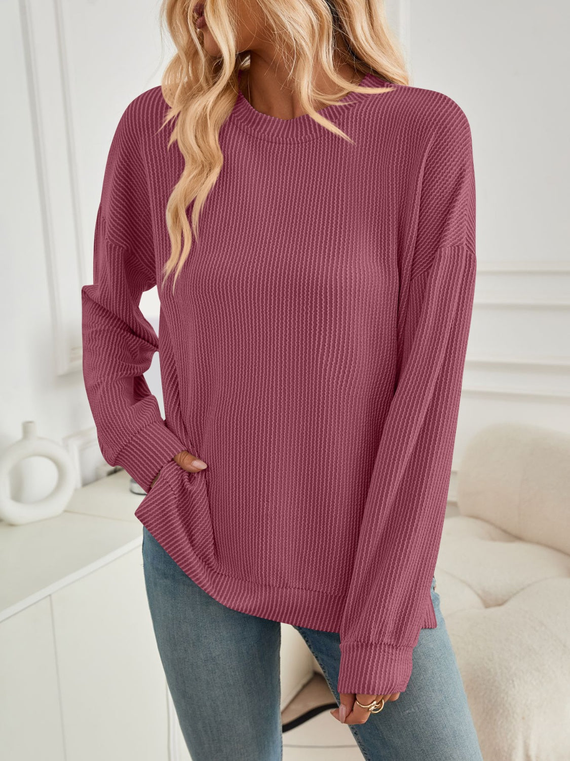 Maxct &Slit Round Neck Long Sleeve Sweatshirt