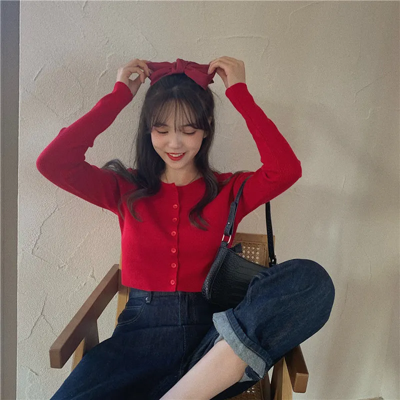Maxct Women Cardigans Solid O-neck Knitted Stretchy Bm Style Trendy Cozy Retro Fairy Sweet Kawaii Ulzzang All-match Crop Tops Hot Slim