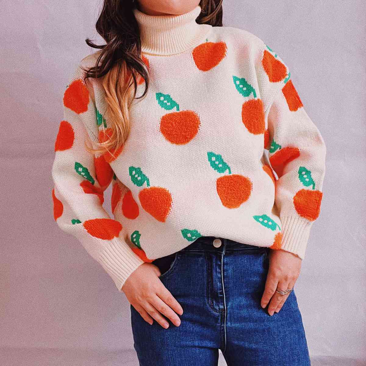 Maxct &Fruit Pattern Turtleneck Dropped Sweater