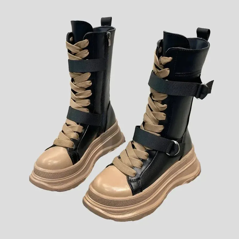 Platform Boots PU Leather Mid-Calf Combat for Women Maxct