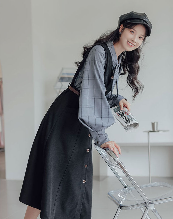 Button Up Suede Pinafore Dress Maxct