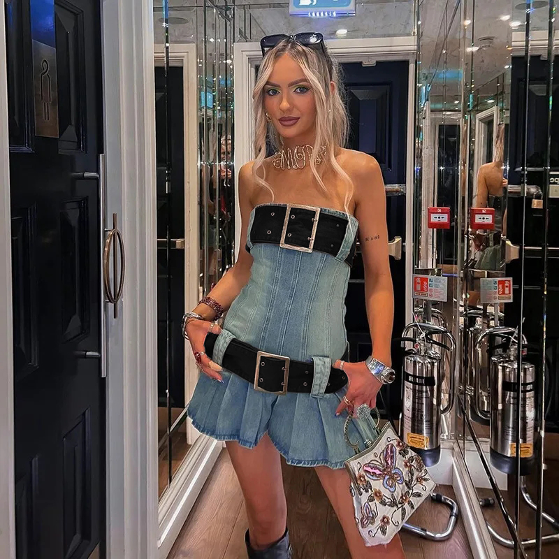 Vintage Y2k Strapless Denim Dress Bodycon Korean Kpop Belt Pleated Mini Dress 2000s Streetwear
