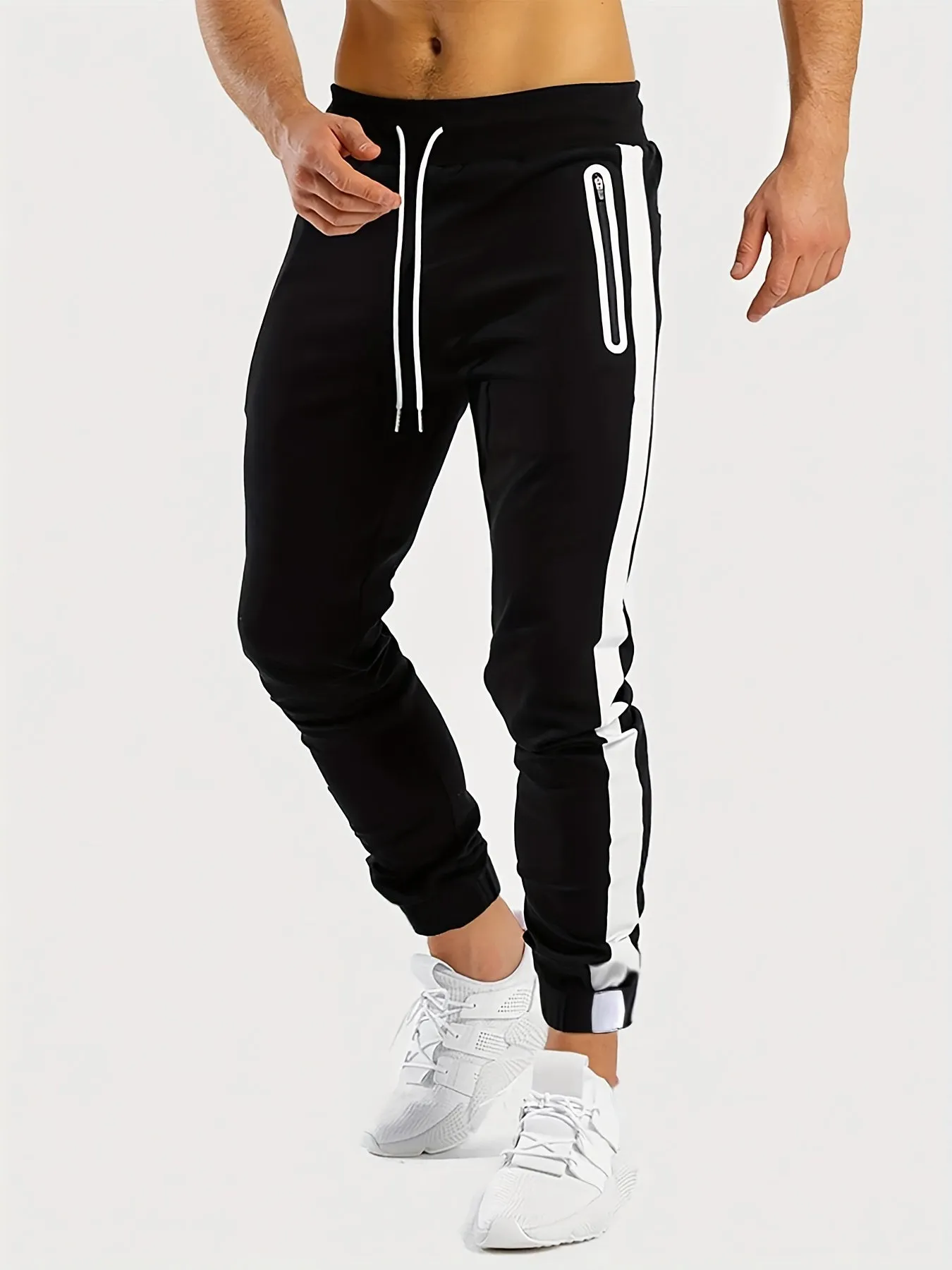 Maxct  Men's Chic Zipper Pockets Casual Pants, Waist Drawstring Stretch Joggers Sweatpants