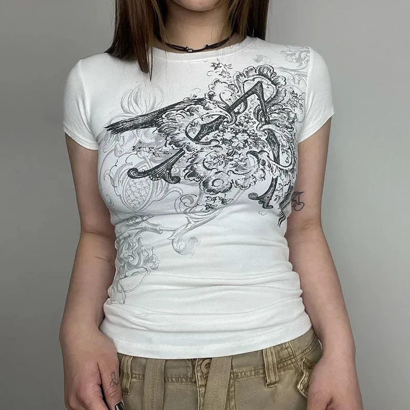 Maxct y2k Aesthetic Fairy Grunge Vintage Tops Graphic Print Brown T-Shirt Short Sleeve Slim Pullover Sweats Tees Harajuku Retro Women