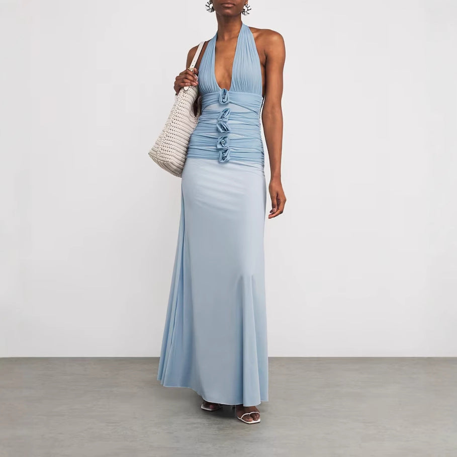 Halter Neck Floral Open Back Midi Dress Maxct