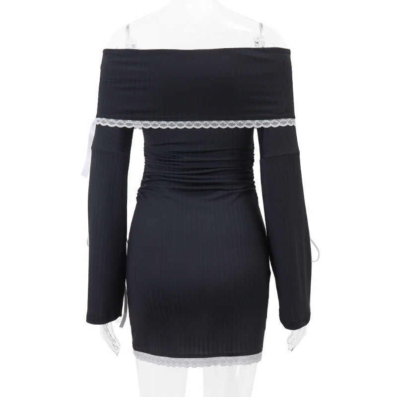 Strapless Sexy Black Dress Women Autumn Off Shoulder Long Sleeves Lace Knitting Bandage Mini Dresses Slim Elegant Club Partywear