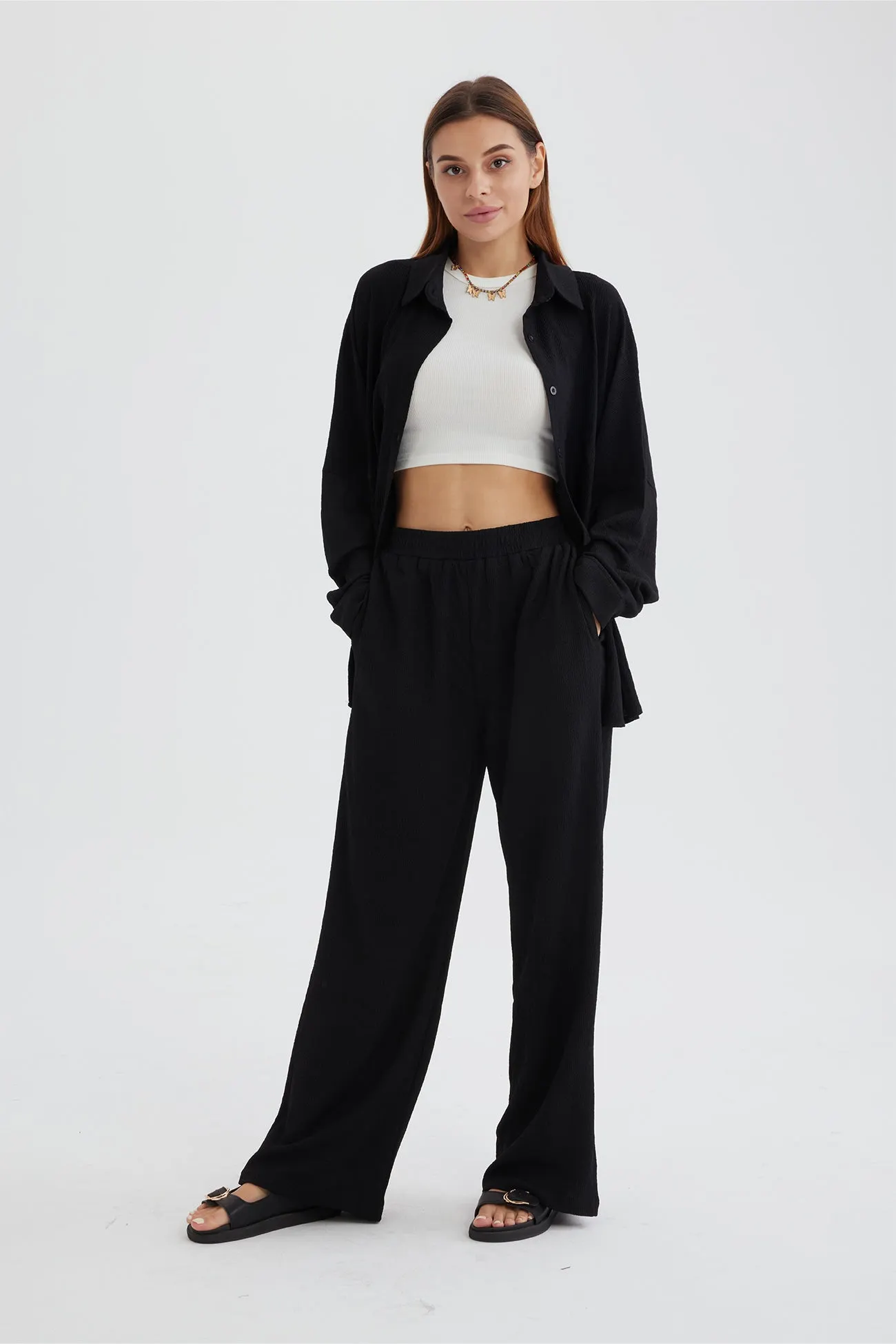 Maxct Two Piece Solid Color Long Sleeve Shirt Long Pants Set