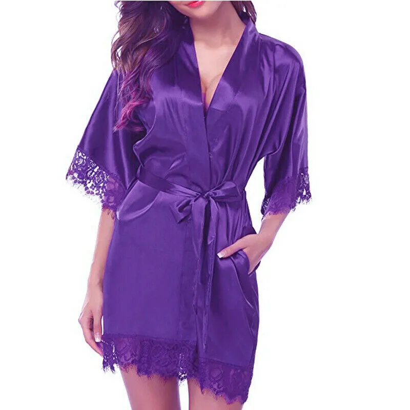 Maxct Women Night Gown Satin Robe Bathrobe Satin Nightgown Halt Sleeve Pajamas Lingerie Night Mini Dress Lace Sexy Sleepwear hot sale