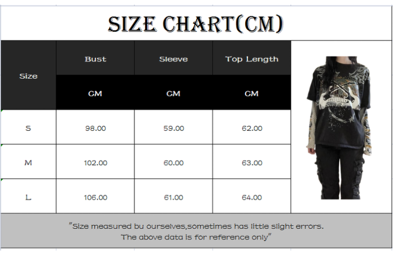 Vintage Graphic Print Patchwork Long Sleeve Tees Harajuku Fake Two-Piece T-Shirts Korean Gothic Grunge Loose Tops Streetwear
