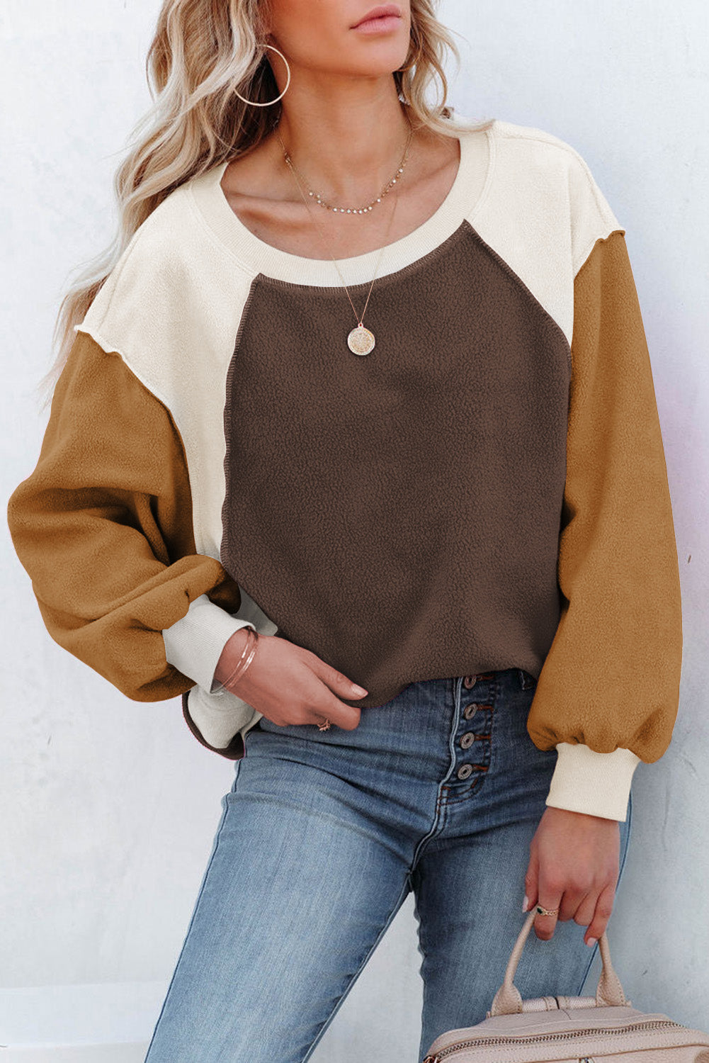 Maxct &Color Block Round Neck Long Sleeve Sweatshirt