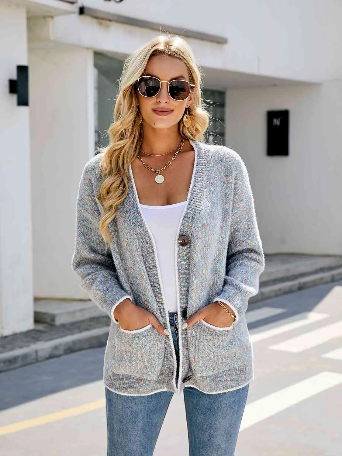 Maxct &Button Down V-Neck Cardigan with Pockets