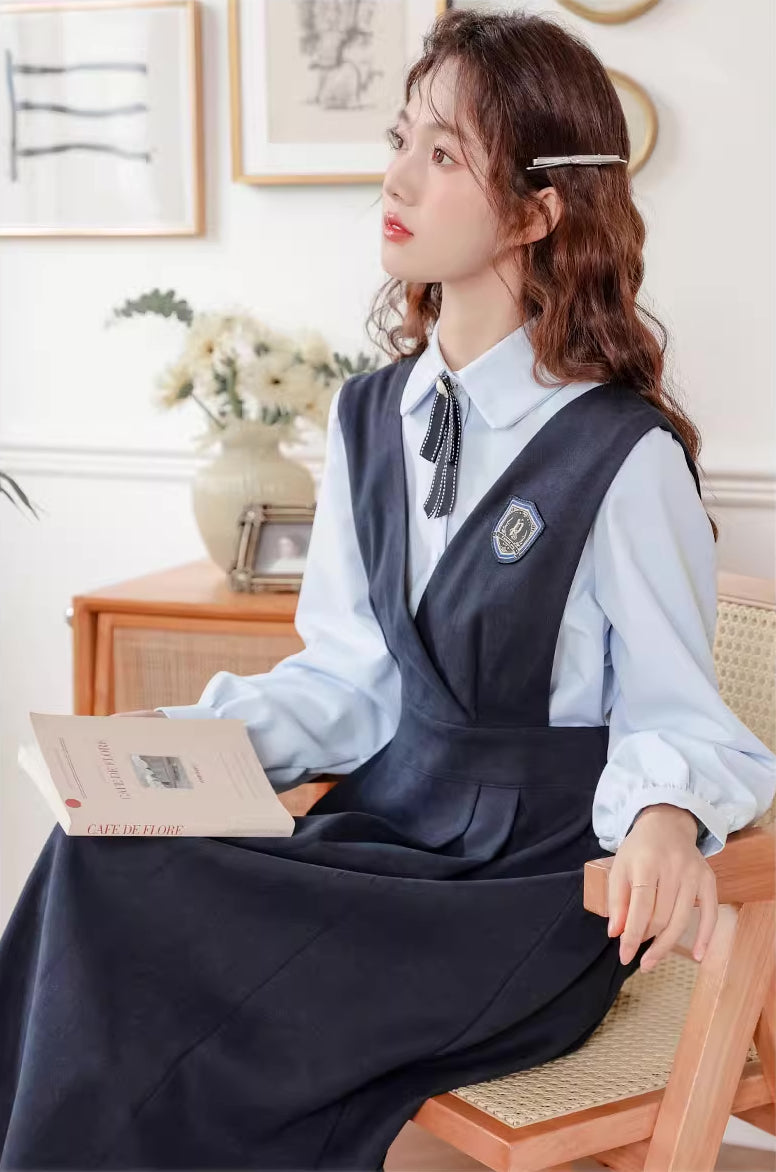 Corduroy Suede Midi Pinafore Dress & Blouse Set Maxct