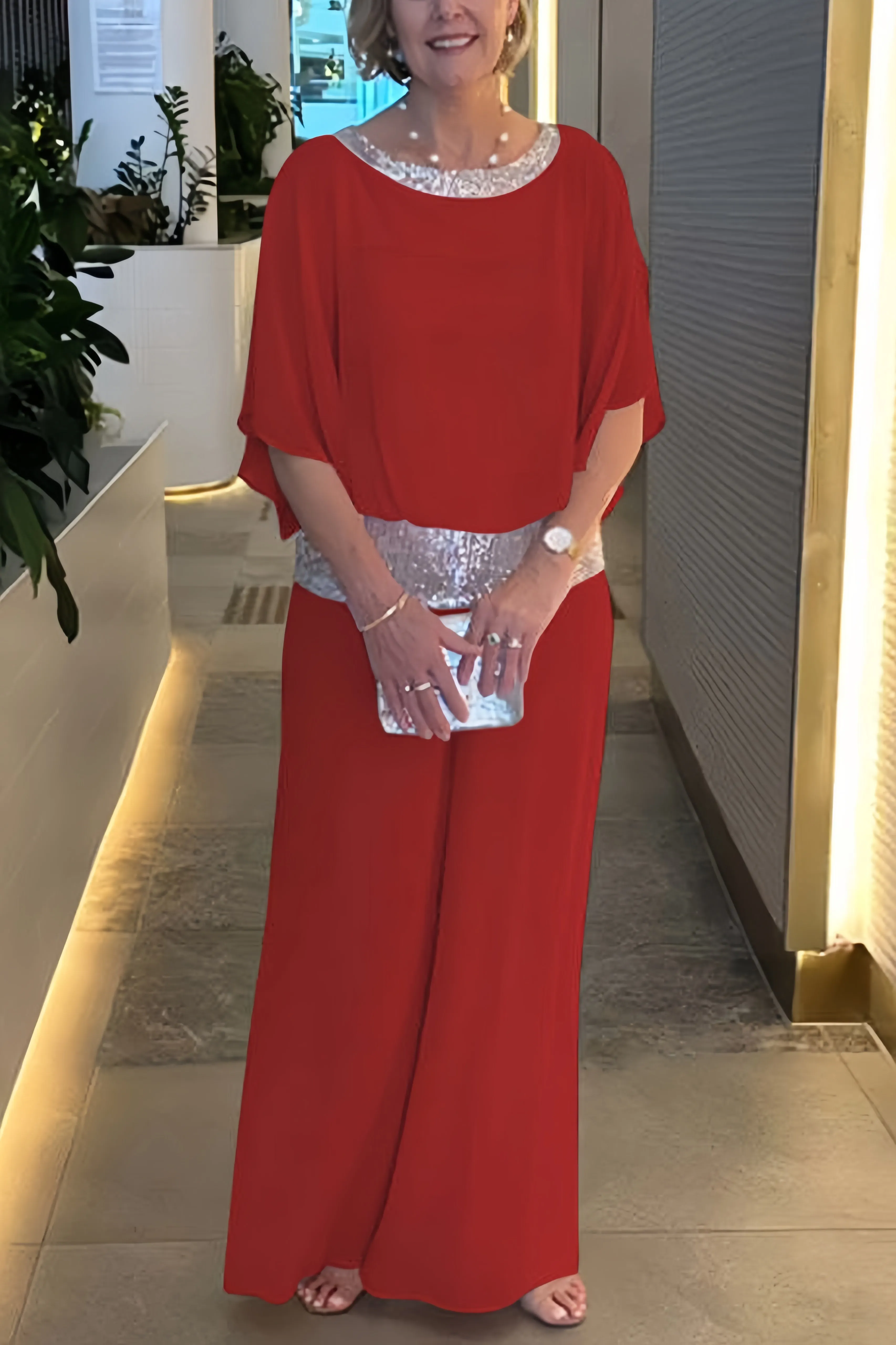 Maxct Sequins Patchwork Bat Sleeve Tops Pants Suits