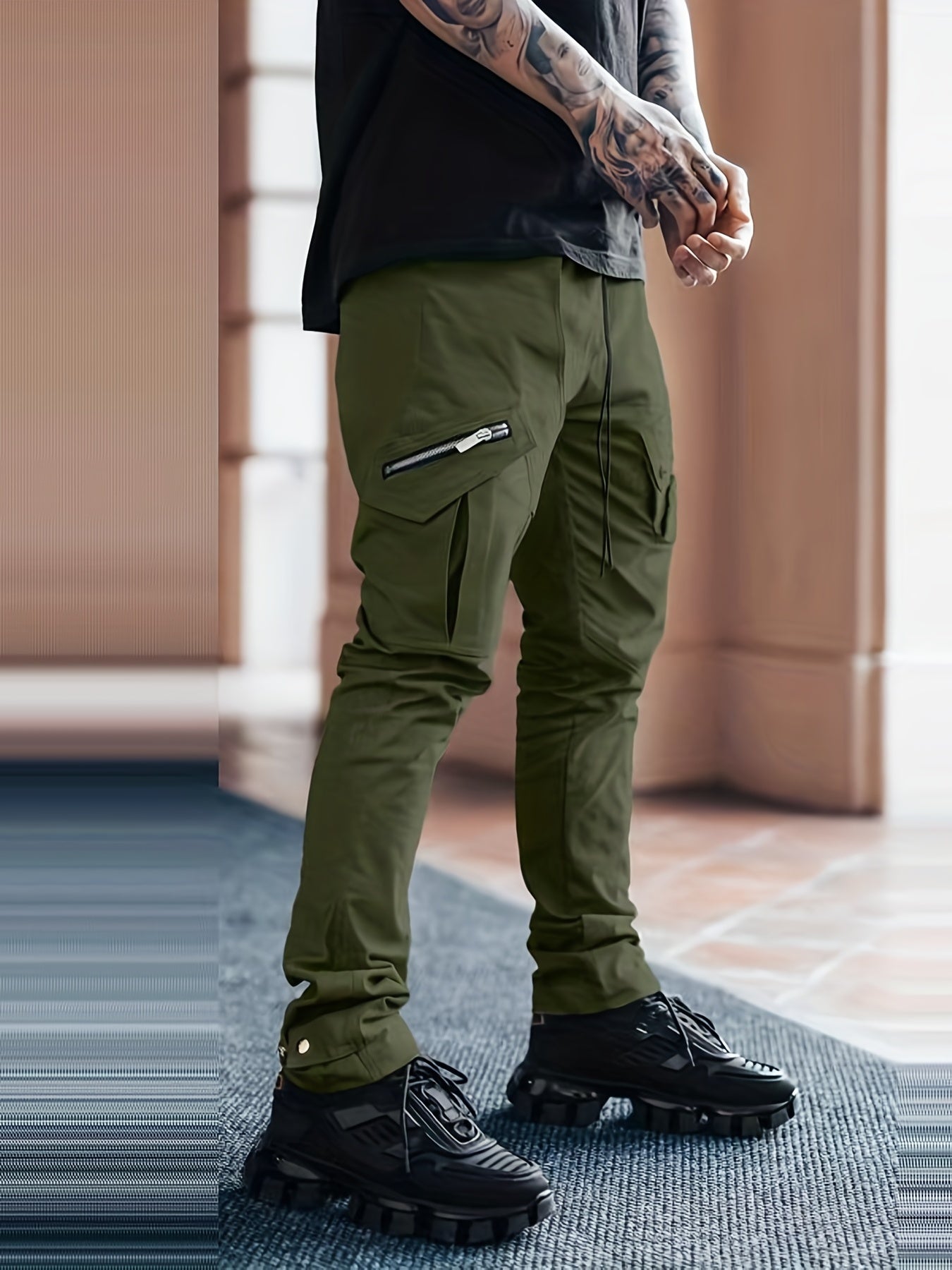 Maxct  Men's Drawstring Cargo Pants, Zip Pocket Slim Fit Trendy Outdoor Pants, Mens Work Pants, Tactical Pants