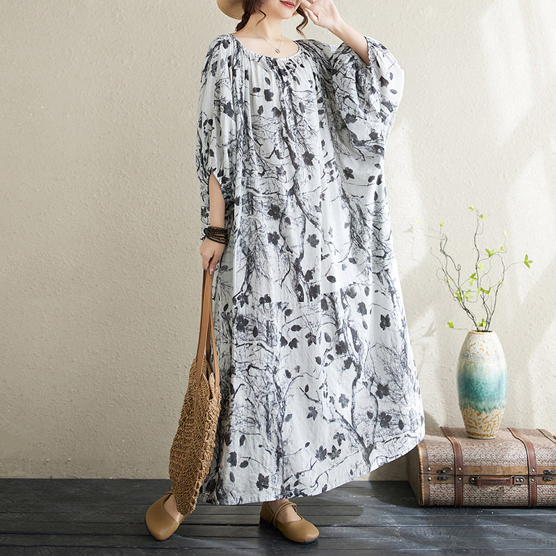 Spring Cotton Comfortable Plus Size Printed Lantern Sleeves Dress