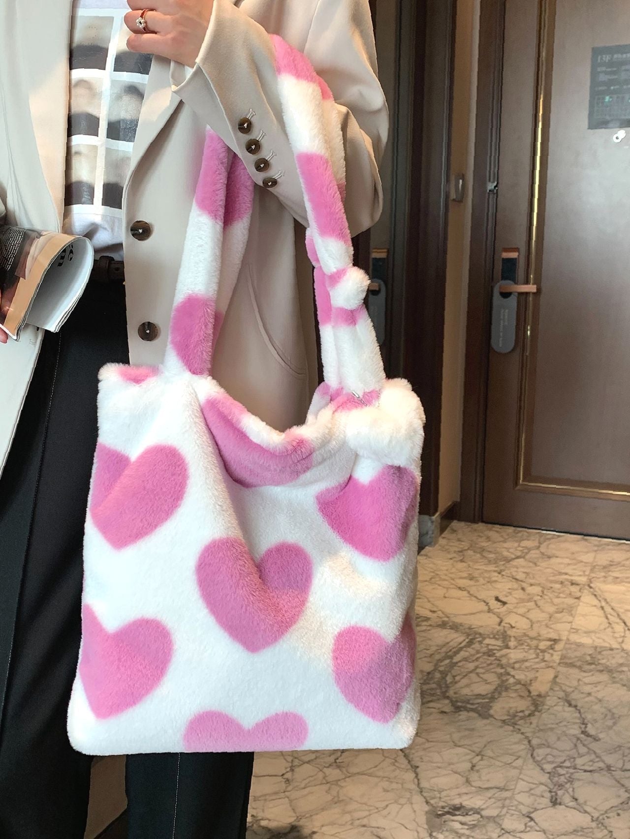 Maxct - Fluffy Heart Pattern Shoulder Tote Bag  - Women Tote Bags