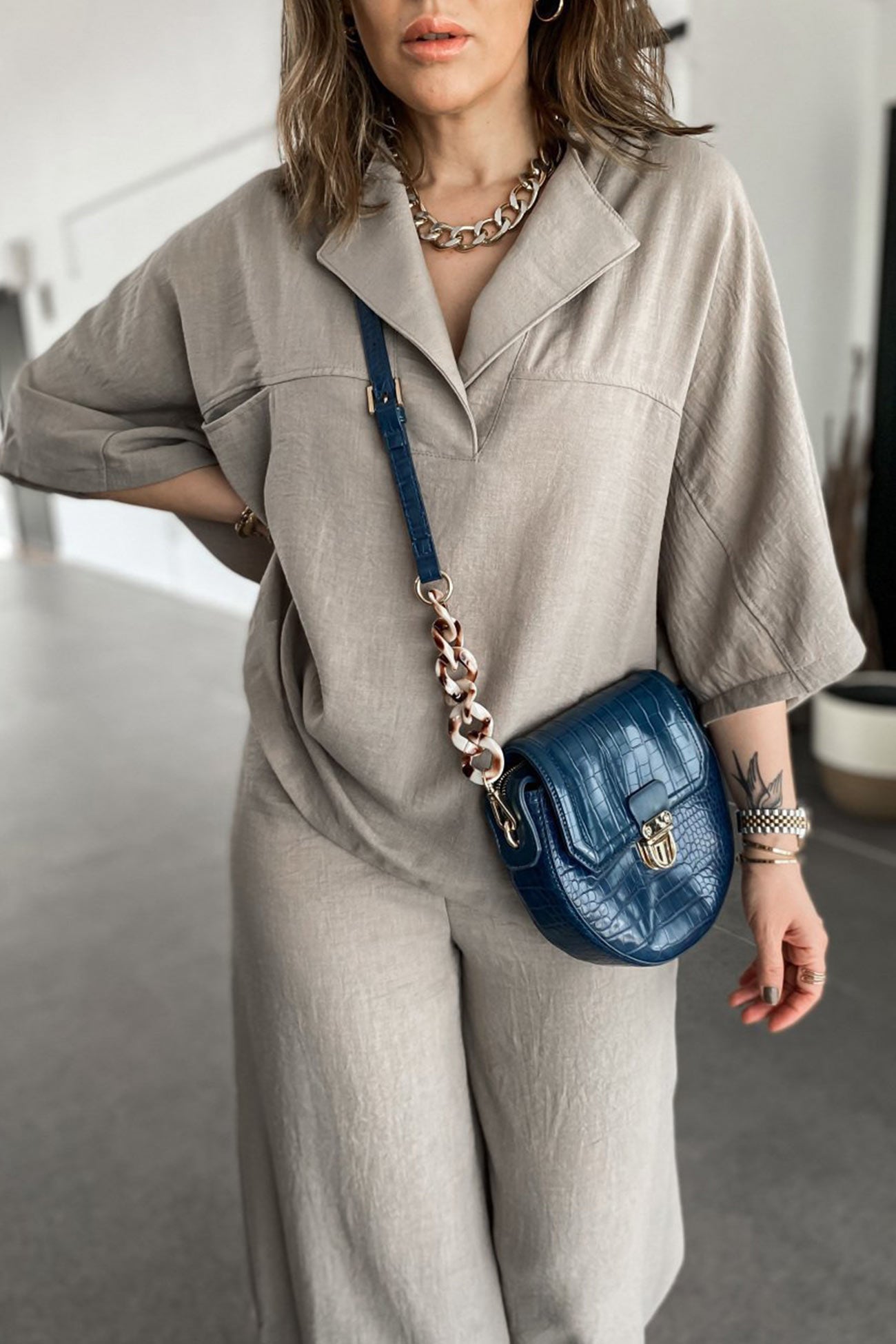 Maxct Lapel Shirt Slit Hem Long Pants Set