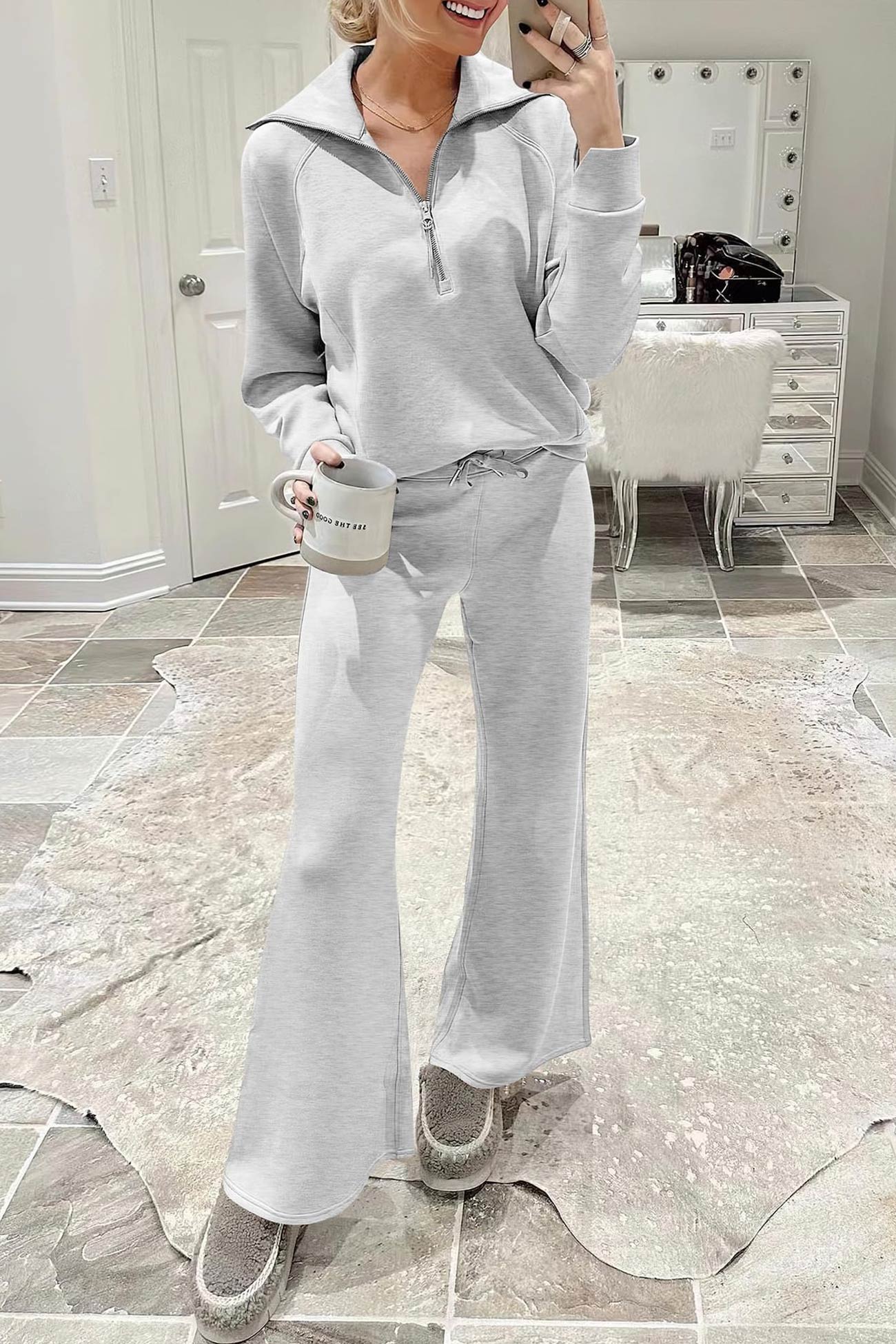 Maxct Lapel Zip-up Sweatshirt Wide Leg Long Pants Set
