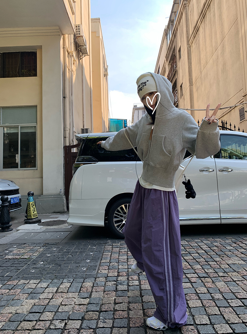Grey Cropped Hoodies Zip Up Long Sleeve Sweatshirt Cardigan Oversized Autumn Fashion Wide Leg Track Pants Two Piece Sets