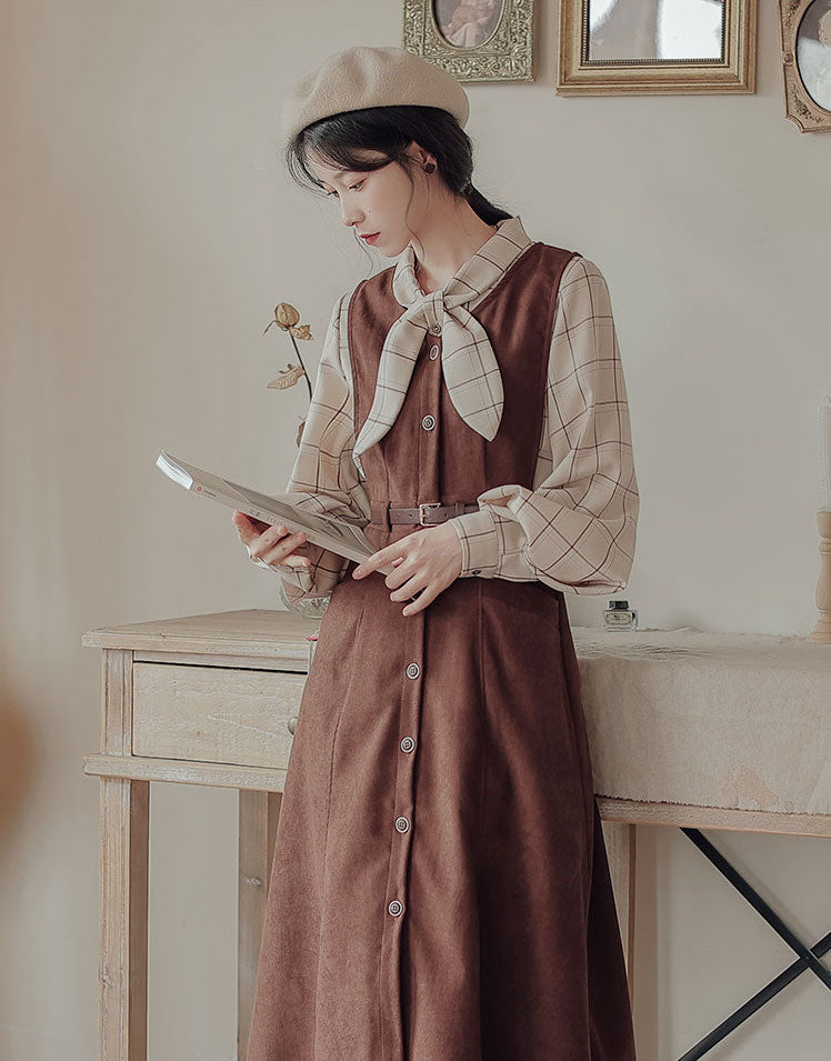 Button Up Suede Pinafore Dress Maxct