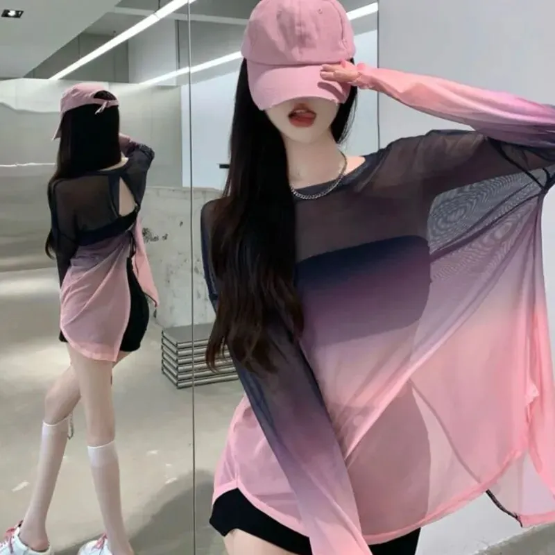 Maxct Sexy Hollow Out Backless T Shirts Women Gradient Ice Silk Loose Sunscreen Shirts Summer Gothic See Through Blouses Tops
