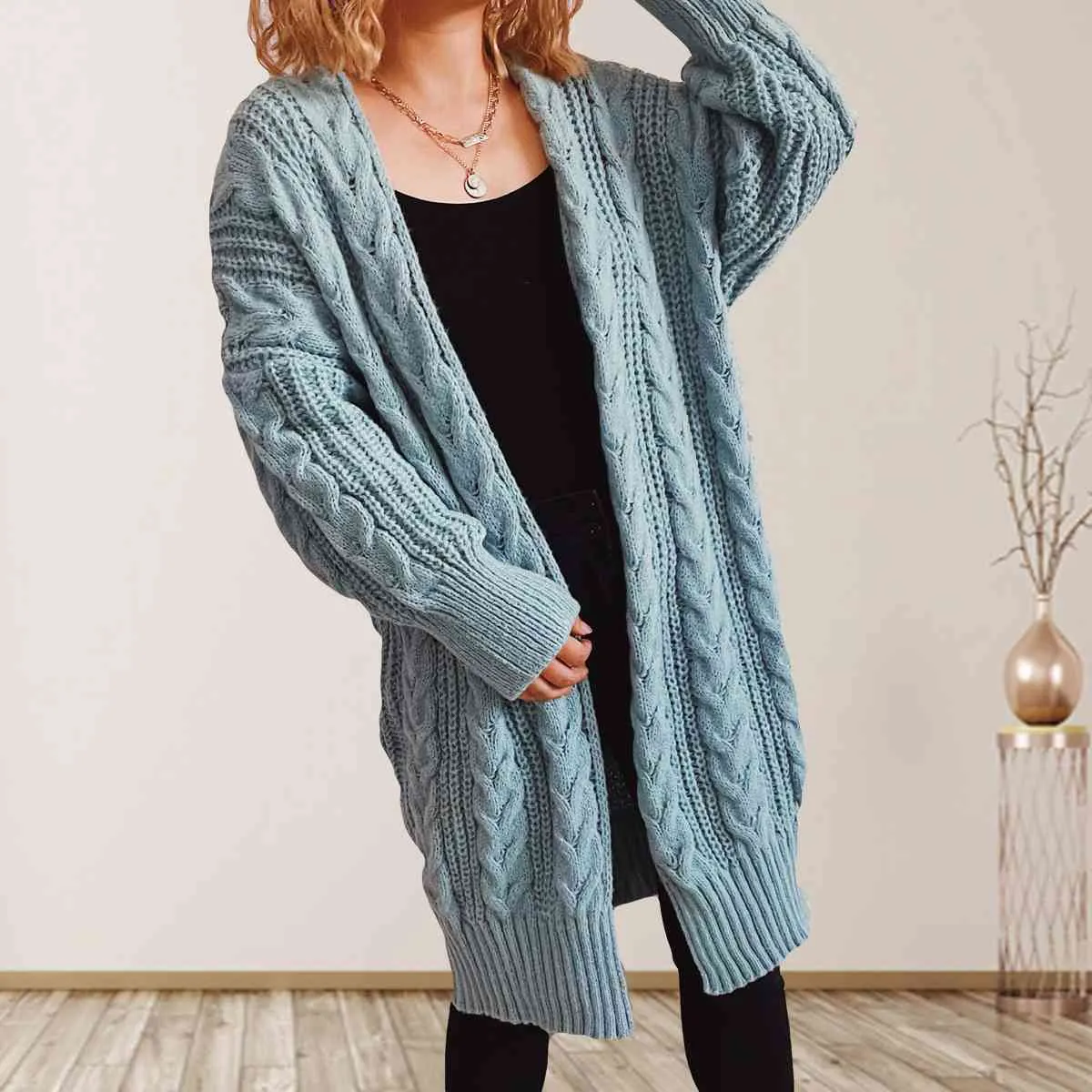 Maxct &Cable-Knit Open Front Dropped Shoulder Cardigan