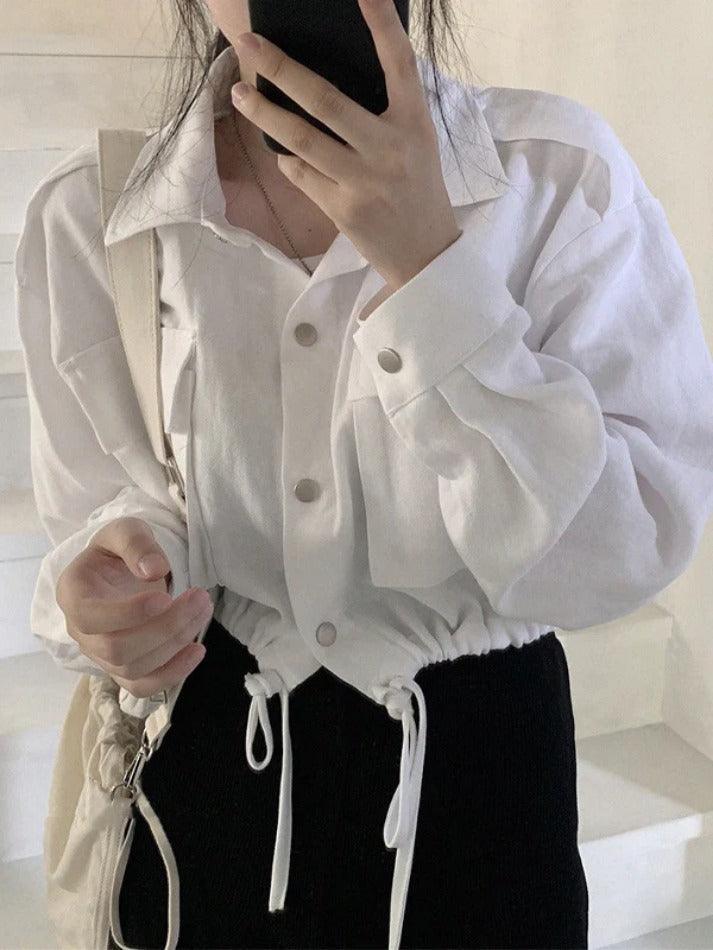 Maxct Lapel Neck Snap Button Drawstring Short Long Sleeve Blouse