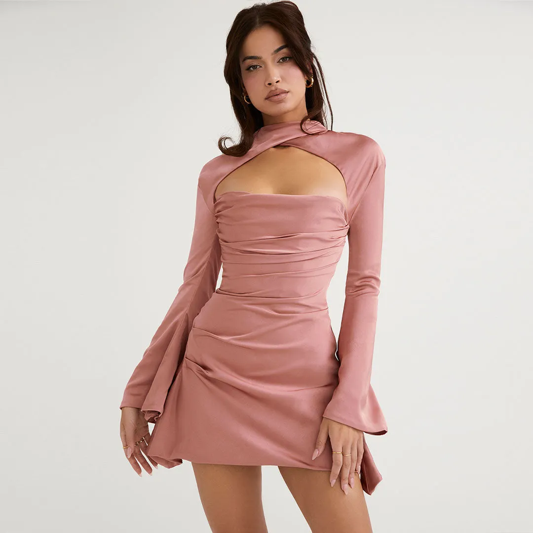 Long Sleeve Draped Satin Mini Dress - Pink Maxct
