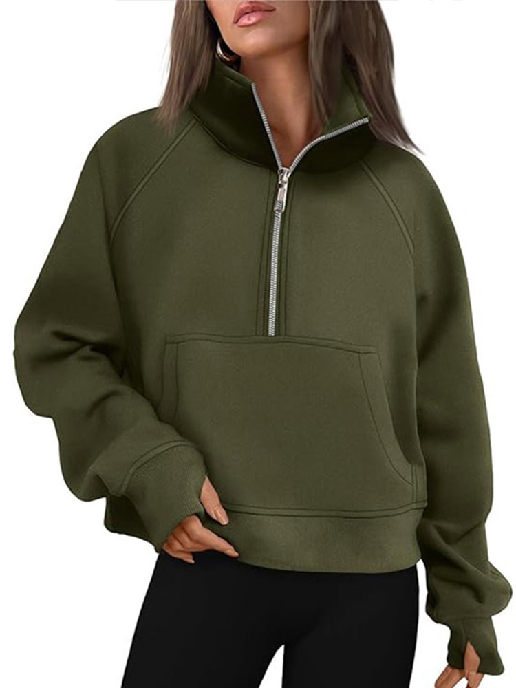 Maxct Casual Half Zipper Plush Hoodies Women Loose Solid Lapel Pockets Sweat Shirt Female Autumn Chic Warm Sports Yoga Outwear