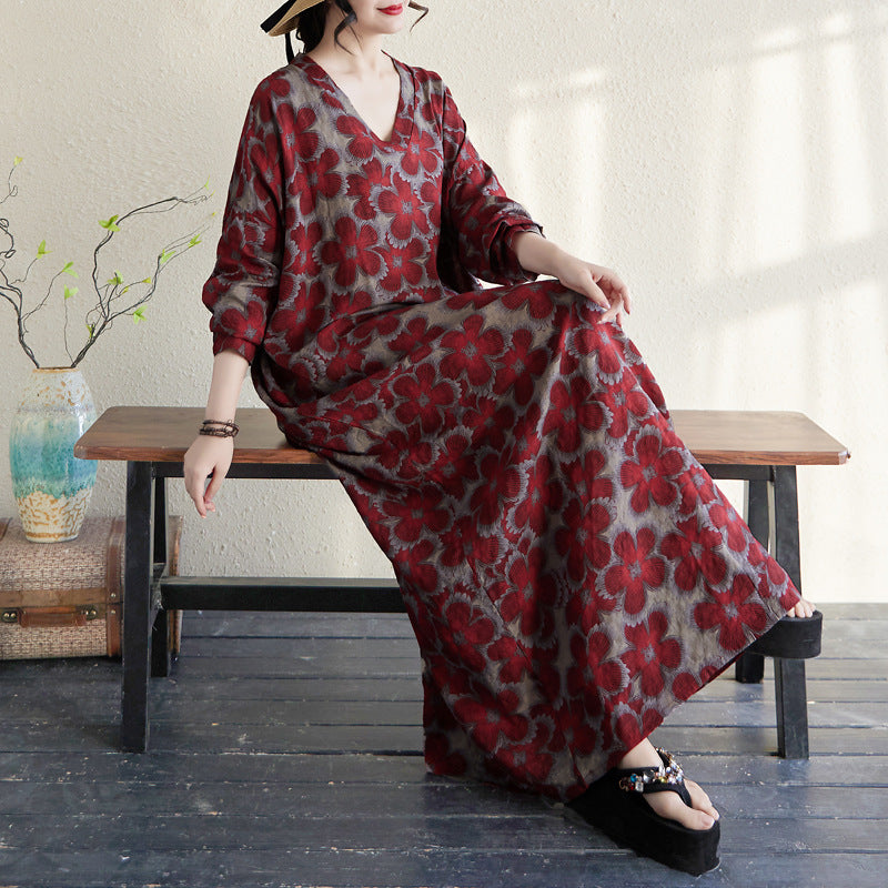 Maxct Women Plus Size Spring Floral Linen Maxi Dress