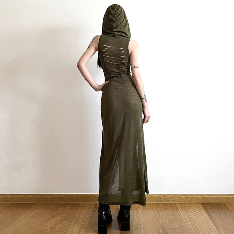 Wasteland Punk Dress y2k Solid Color Sleeveless Hollow Out Back Side Slit Hooded Dress 2000s Grunge Party Dresses